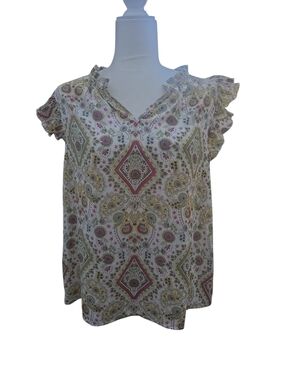 Nwot Chenault Paisley V-Neck Ruffle Sleeve Blouse - Cream, Pink, Olive
